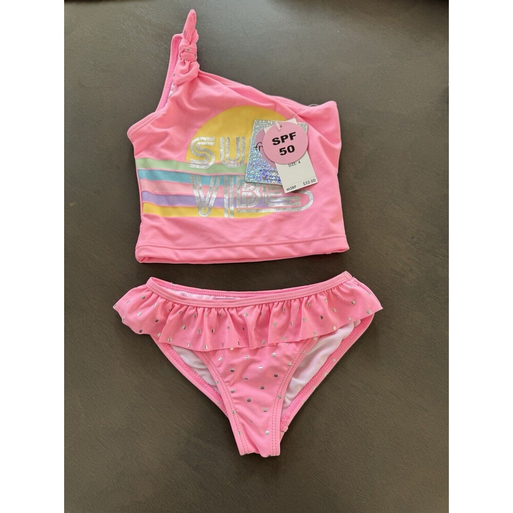 Summer Toddler Girls Swimwear SUN VIBES Bathing Suit size 4t pink 2pcs SPF50